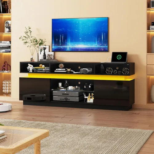 Vista 6 de chartustriable Soporte de TV LED para TV de 80 pulgadas, centro de entretenimiento alto moderno con tomas de corriente, soporte de TV de alto