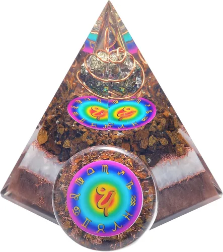Vista 11 de Juego de pirámide de orgón y piedra de palmera de horóscopo, cristal curativo de acuario, signo del zodiaco, hecho de pirita y angelita para calma