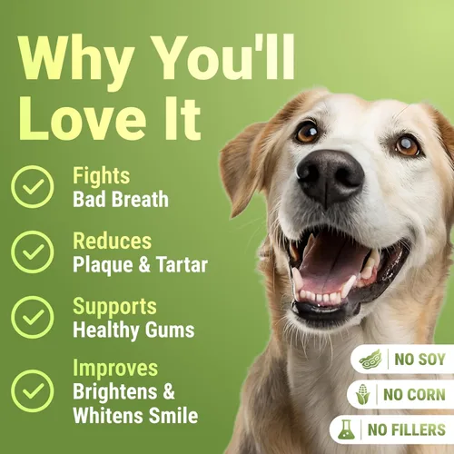 Vista 3 de Polvo de limpieza de dientes de perro con probióticos Removedor de placa y sarro, cuidado eficaz de los dientes e higiene bucal, aliento fresco