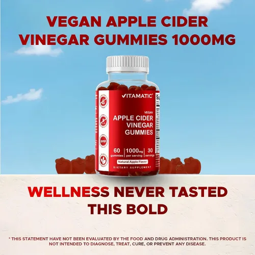 Vista 6 de Vitamatic Gomitas de vinagre de sidra de manzana, 1000 mg por porción, 60 gomitas veganas, gomitas ACV para desintoxicación, apoyo para la pérdida