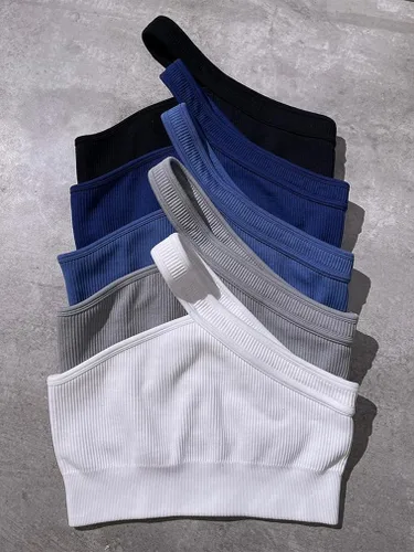 Vista 5 de OQQ Conjuntos de entrenamiento para mujer, 2 piezas, acanalados, con un hombro, leggings de cintura alta, conjunto de yoga activo