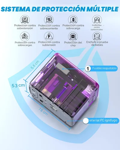 Vista 5 de Adaptador de viaje universal con 3 puertos USB-C + 2 puertos USB-A de carga rápida de 30 W, salida de CA de 2500 W, adaptador de corriente 3 USB