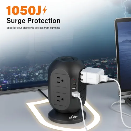 Vista 4 de AiJoy Torre de regleta de protección contra sobretensiones con 8 tomas, 4 puertos USB (1 USB-C), cable de extensión plano de 10 pies con múltiples