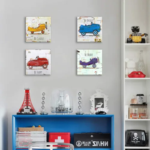 Vista 2 de Oreichar Art Arte de pared para niños, citas inspiradoras, lienzo impreso con dibujos animados, cuadro colorido de avión de automóvil