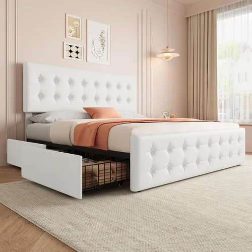 Vista 20 de IDEALHOUSE Marco de cama tamaño completo con 4 cajones de almacenamiento y cabecero, marco de cama plataforma tapizada en cuero sintético con Beige