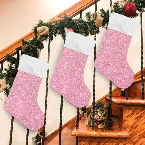 Vista 7 de Qilmy Medias de Navidad rosas personalizadas, medias de Navidad grandes de 18 pulgadas para vacaciones, decoración de fiestas familiares, regalos