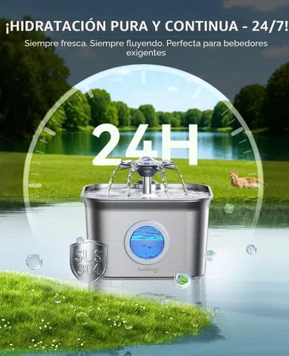 Vista 2 de Fuente de agua para gatos de acero inoxidable, 2.8 L con bomba ultra silenciosa de 20 dB, ideal para mascotas tímidas, ventana LED de nivel de agua