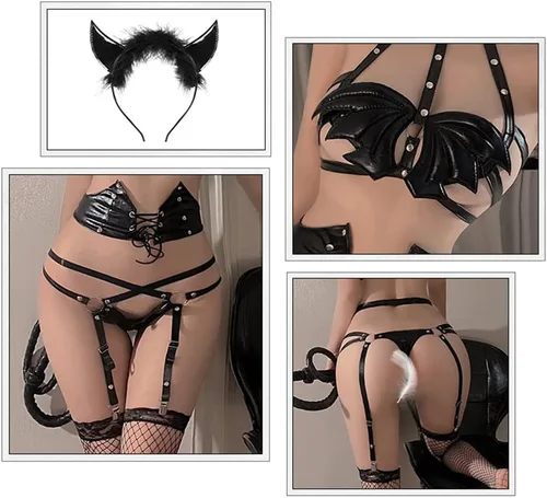 Vista 7 de SINROYEE Disfraces sexy de diablo para mujer, lencería japonesa kawaii anime, bikini lindo juego de rol, traje de Lolita travieso