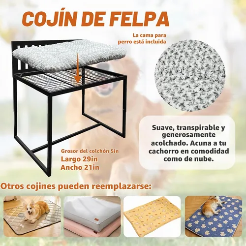Vista 5 de Junto a la cama para perro, literas para perros de altura ajustable, marco de cama de metal para perros de 25 x 17 pulgadas con cojín (mediano)