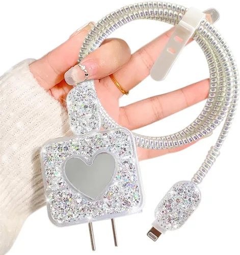 Vista 7 de Bling - Protector de cable para Apple iPhone con espejo, bonito diseño de corazón de amor, funda USB para línea de datos, protector de cargador