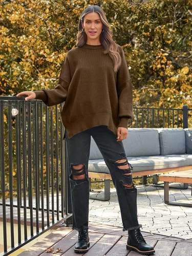 Vista 54 de Lillusory - Suéter extragrande con mangas de murciélago y cuello redondo para mujer, prenda moderna de otoño de tejido de punto sin botones