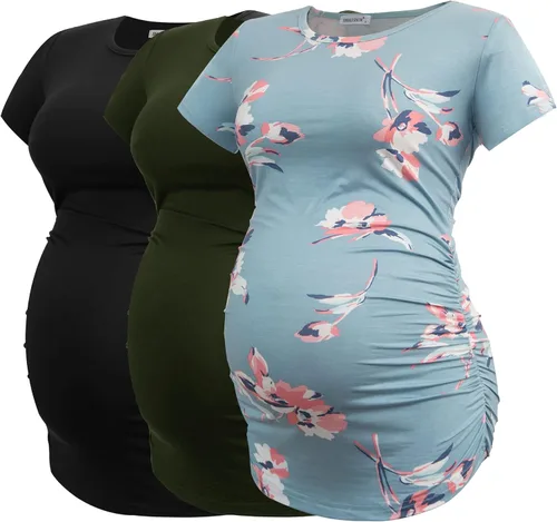 Vista 24 de Smallshow - Camiseta de maternidad para mujer, lados fruncidos, tipo túnica, prendas para el embarazo Verde militar-negro-gris profundo