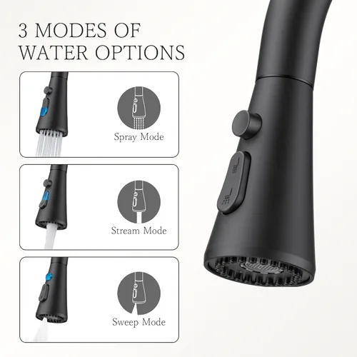 Vista 5 de FORIOUS Grifo de cocina negro alto con rociador extraíble, grifo clásico de acero inoxidable de arco alto para fregadero de cocina, mango único, 3