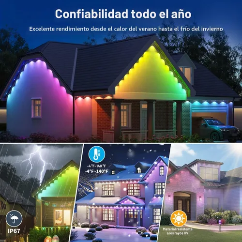 Vista 3 de XINKAITE Luces permanentes para exteriores de 50 pies con 25 LED, RGB+IC inteligentes con 16 millones de colores de bricolaje, IP67 impermeable