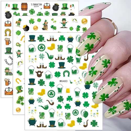 Vista 6 de 7 hojas de calcomanías de uñas del día de San Patricio para arte de uñas, calcomanías autoadhesivas 3D de trébol verde, diseño de uñas irlandesas