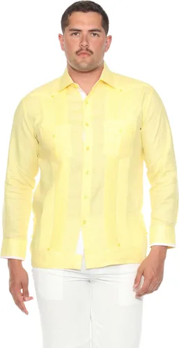 Vista 9 de Mojito - Guayabera de manga larga para hombre, 100% lino, panel de contraste y pliegues tonales
