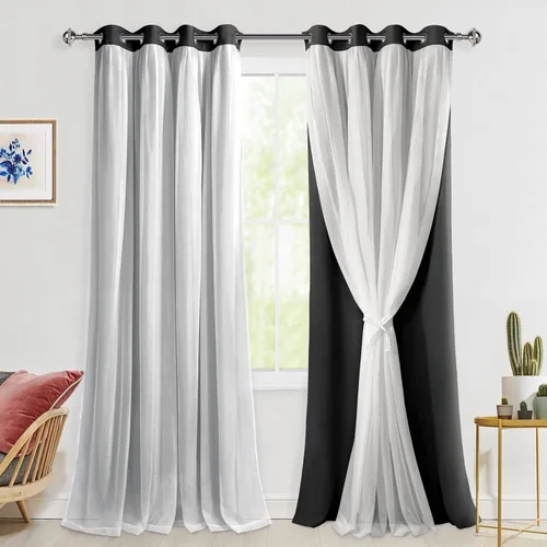 Vista 73 de Hiasan Cortinas opacas con superposición transparente, aislamiento térmico para mezclar y combinar de doble capa, cortinas de oscurecimiento de Beige