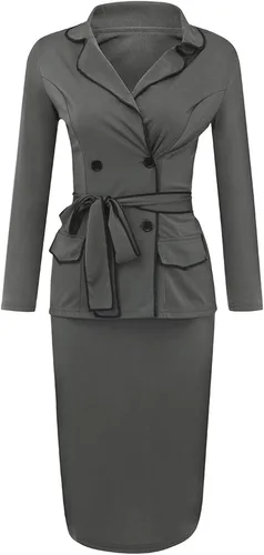 Vista 3 de Conjunto de traje transpirable con solapa de doble botonadura para mujer, de lino, manga larga, cómodo, para boda, color liso, de gran