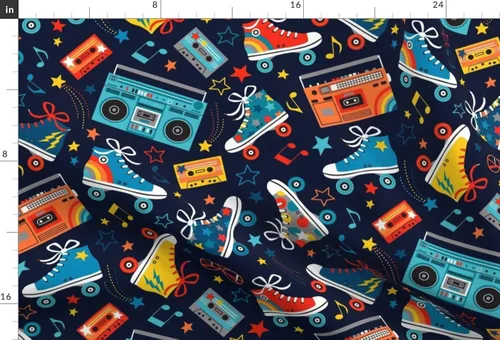 Vista 3 de Spoonflower Fabric Retro Rainbow Musical Notes on Chiffon Fat Quarter Roller Skates Skating Cassette Use for Sewing Fashion Apparel Dresses