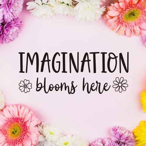 Vista 3 de Imagination Blooms Here - Calcomanía de pared de vinilo inspiradora para pared de niños, decoración de aula