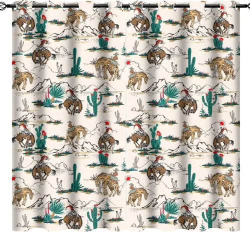 Vista 34 de Cortinas opacas retro de vaquero occidental para dormitorio, estilo rústico, cactus, salvaje oeste, vaquero, paseo, caballo, con ojales, aislamiento