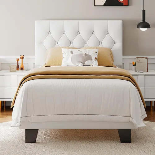 Vista 14 de Feonase Marco de cama de plataforma twin con cabecera capitoné con botones, cama tapizada de lino con soporte de listones de madera, no necesita