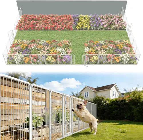Vista 14 de FXW Valla de jardín al aire libre para el patio, 17 pulgadas de alto x 29.3 pies de largo, barrera de metal resistente para animales, para perros