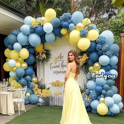 Vista 7 de Kit de arco de globos azul polvoriento, amarillo, doble relleno, azul pastel oscuro, amarillo claro, guirnalda de globos de perlas para cumpleaños