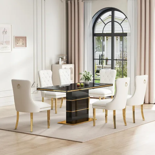 Vista 17 de Mesa de comedor moderna negra para 6 personas, mesa de cocina rectangular de 63 pulgadas con acabado lacado dorado y base de pedestal de acero