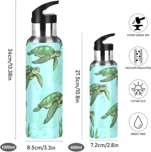 Vista 2 de Insulated Stainless Steel Water Bottle with Straw 32 Oz, Leakproof Water Bottles for Gym Outdoor Travel School, Green Sea Turtles