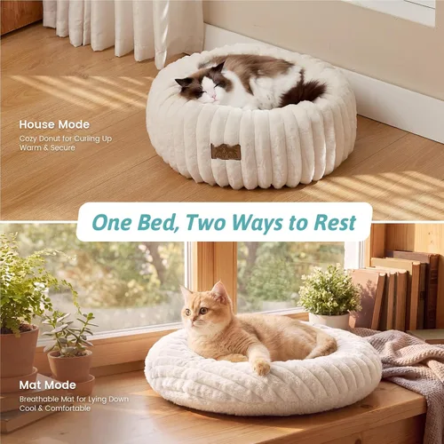 Vista 3 de COZY KISS Donut - Cama pequeña para gatos de interior, cama para gatitos Crema