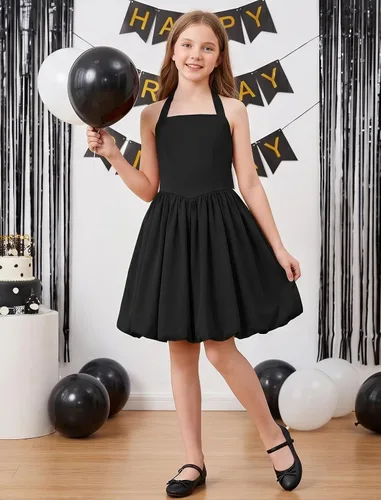 Vista 5 de IBTOM CASTLE Vestido de niña adolescente con cuello halter y lazo en la Negro