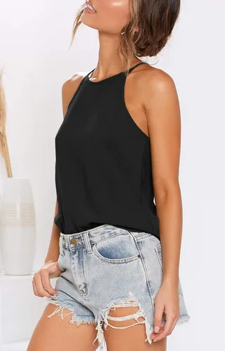 Vista 2 de OYANUS Camisetas sin mangas para mujer, de verano, para la playa, cuello halter, casuales, básicas, sueltas, tipo túnica, camisetas sin mangas