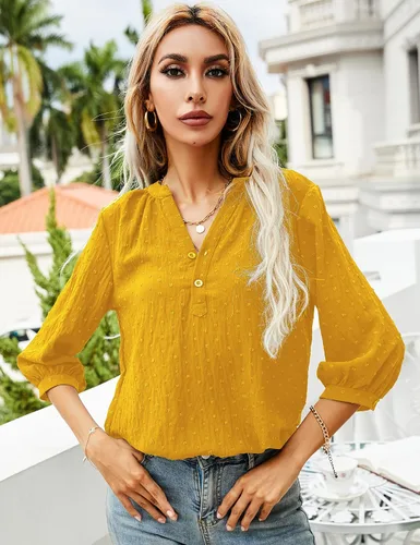 Vista 4 de LOMON - Blusas informales de manga 34, con cuello henley en v y botones, de plumetí con pliegues en la espalda para mujer, tallas de la S a la XXL