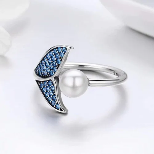 Vista 4 de Presentski Anillos abiertos de plata de ley con perlas de sirena ajustables para mujeres