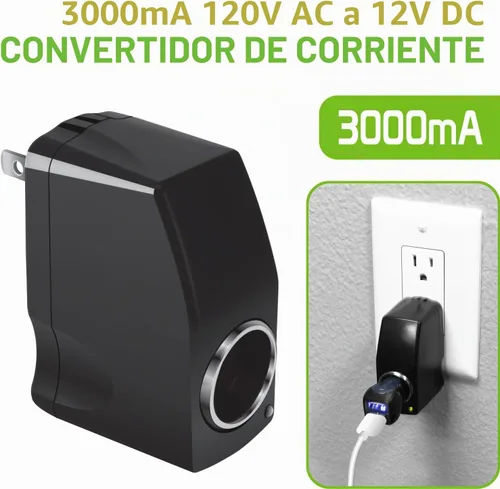 Vista 2 de Cellet Convertidor de salida de CA a CC de 12 V. Alimentación CA/CC 110 V - 120 V CA a 12 V CC Convertidor de potencia para encendedor de 3 amperios