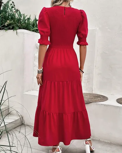 Vista 4 de BTFBM Vestidos para mujer, cuello redondo, casual, de verano, con volantes, manga corta, bohemio, con niveles, fruncido, largo, con estampado floral