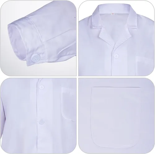 Vista 4 de Disfraz de científico médico para mujeres y hombres, para Halloween, manga de botón blanco, abrigos de laboratorio, unisex, accesorios de enfermera