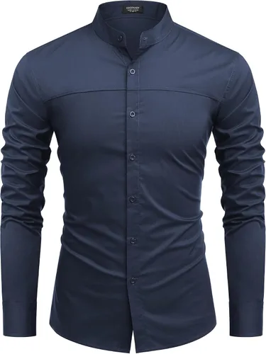 Vista 2 de COOFANDY Camisas de vestir para hombre, con cuello de banda, manga larga, casuales, con botones