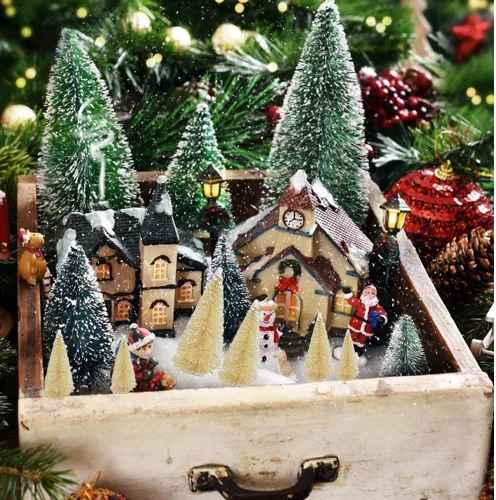 Vista 3 de 24 piezas de árboles de cepillo para botellas, decoración de Navidad, mini árbol de Navidad blanco con base de madera, árbol de pino de sisal