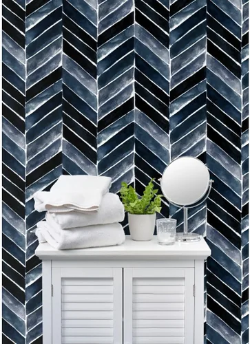 Vista 8 de Spoonflower Papel pintado de grado comercial Swatch - Papel pintado Chevron Indigo Blue Herringbone Papel pintado tradicional Sample 12" x 24