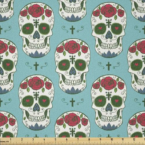 Vista 68 de Ambesonne The Yard, tela de calavera colorida con temática de Halloween, diseño de calavera y huesos cruzados, divertido estampado de dibujos