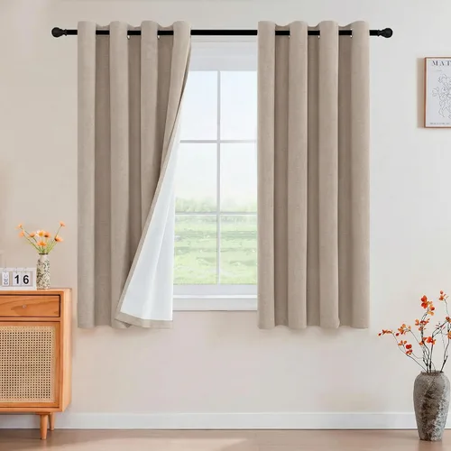 Vista 16 de Cortinas con textura de lino 100% opacas de 64 pulgadas de largo, juego de 2 paneles de cortinas de lino opacas con forro aislante térmico que Arena