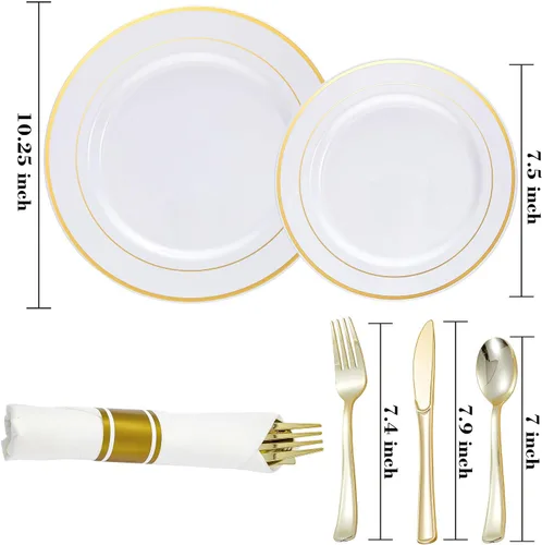 Vista 2 de Platos de plástico dorado y cubiertos desechables con servilletas enrolladas, vajilla resistente para fiestas en casa, incluye platos llanos