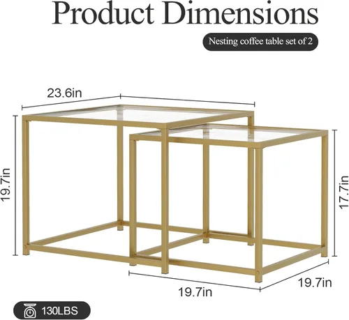 Vista 2 de Mesa de centro de cristal moderna para sala de estar, juego de 2 mesas anidables minimalistas para sala de estar, tapa de vidrio templado con marco