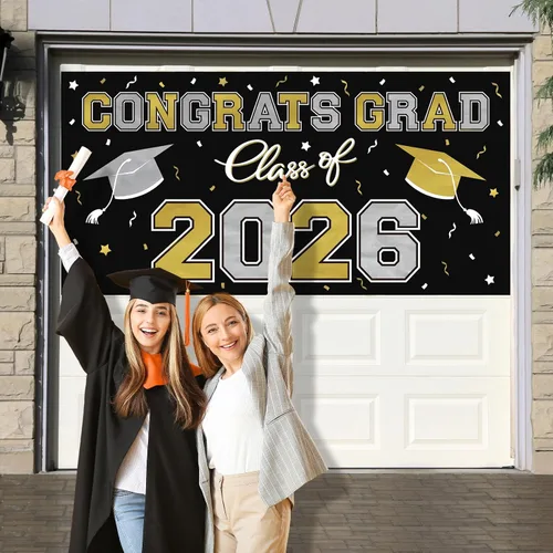 Vista 4 de Telón de fondo de plástico para fiesta de graduación 2026 - 65" x 32.7" Pancarta Congrats Grad en negro, decoraciones grandes de la clase de 2026
