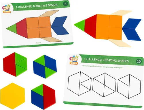 Vista 2 de Kids First Math: Kit de matemáticas de bloques de patrones con tarjetas de actividad 250 bloques geométricos de plástico coloridos Explora