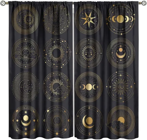 Vista 49 de Cortinas opacas con diseño de sol y luna, cuerpos celestes bohemios, con diseño de sol, luna y estrellas, para sala de estar, dormitorio, 42 x 45