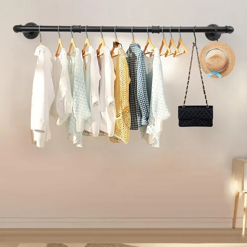 Vista 7 de Livabber Perchero Industrial de Tubería para Ropa, Perchero de Hierro Resistente Desmontable Montado en Pared, Barra de Ropa Rústica que Ahorra