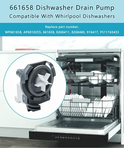 Vista 2 de Bomba de drenaje para lavavajillas 661658 WP661658 Compatible con Whirlpool Kenmore Sears, reemplaza AP6010255 8268411, 8268460, 916417, PS11743433